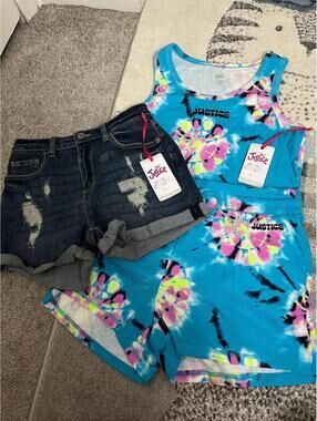 Justice Girls Size 16 Outfit Set NWT Tie Dye+Denim Shorts